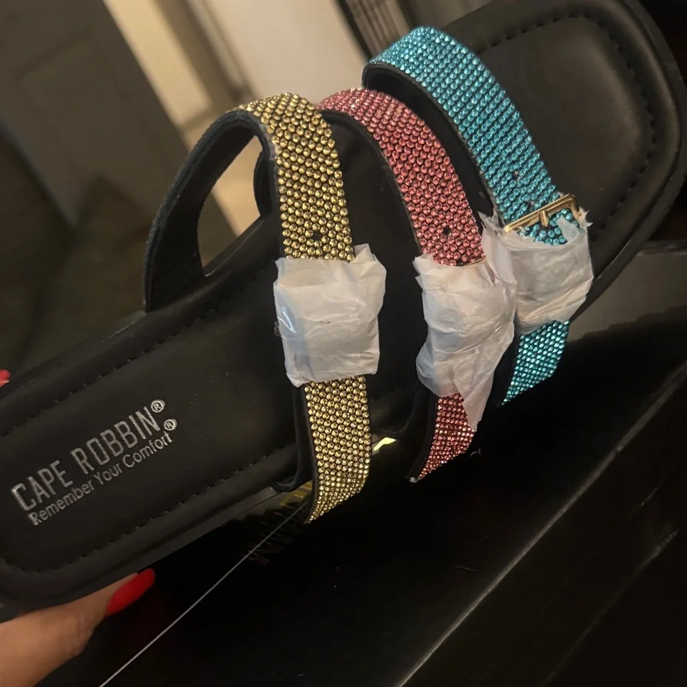 😎Cape Robbin Yellow, Coral & Teal Triple-Strap Platform Slide☀️BRAND NEW IN BOX